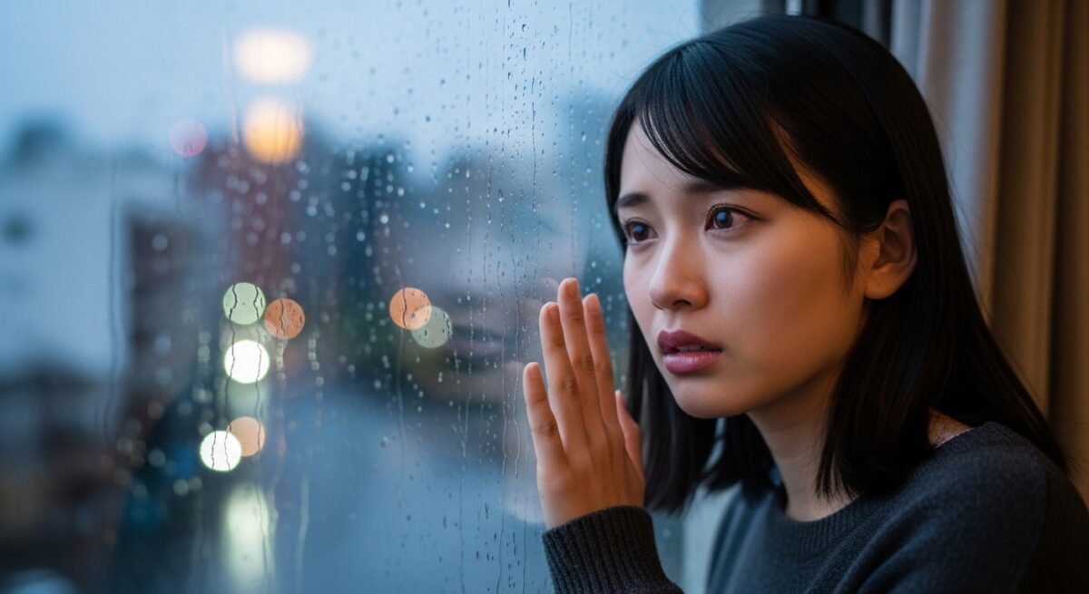 元彼がすぐに新しい彼女を作ったことに衝撃を受け、窓辺で涙をこらえる日本人女性