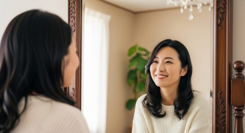 鏡の前で柔らかな笑顔を浮かべる日本人女性