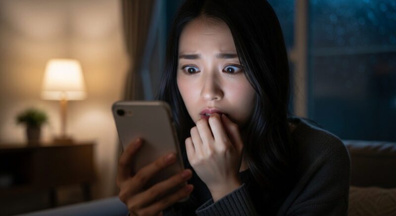 夜の室内でスマートフォンを手に、不安げに見つめる日本人女性