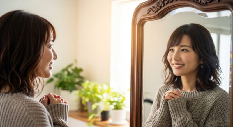 鏡の前で自分を見つめ、前向きな表情をする日本人女性