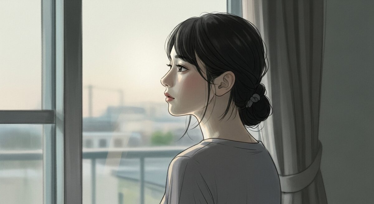 窓辺で静かに外を見つめる日本人女性。落ち着いた色合いで、複雑な気持ちを抱えている様子を繊細に描いたイラスト。