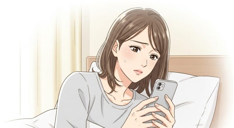 SNSをスマートフォンで見つめ、心が揺れる日本人女性のイラスト。