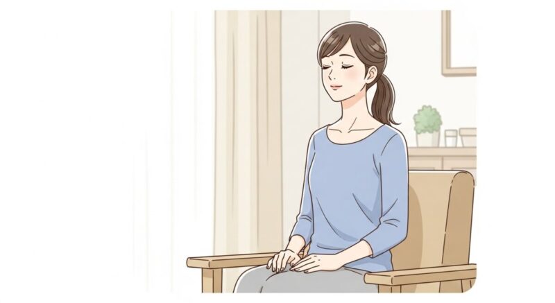 深呼吸をして気持ちを落ち着けようとする日本人女性のイラスト。