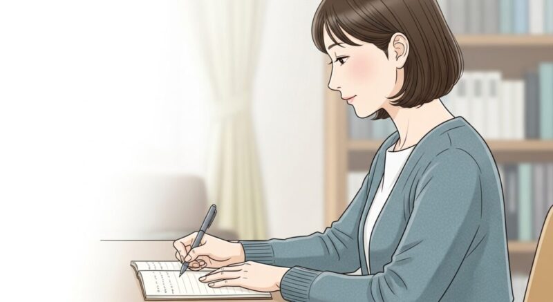 ノートに自分の気持ちを整理しながら考える日本人女性のイラスト。