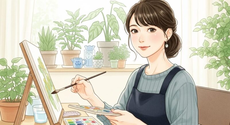 新しい趣味に取り組み、前向きに過ごす日本人女性のイラスト。