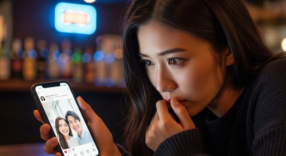 スマホを見つめながら元彼の新しい彼女アピールに心を揺らす日本人女性