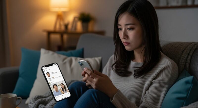 SNS投稿を眺めて元彼の心理を考える日本人女性