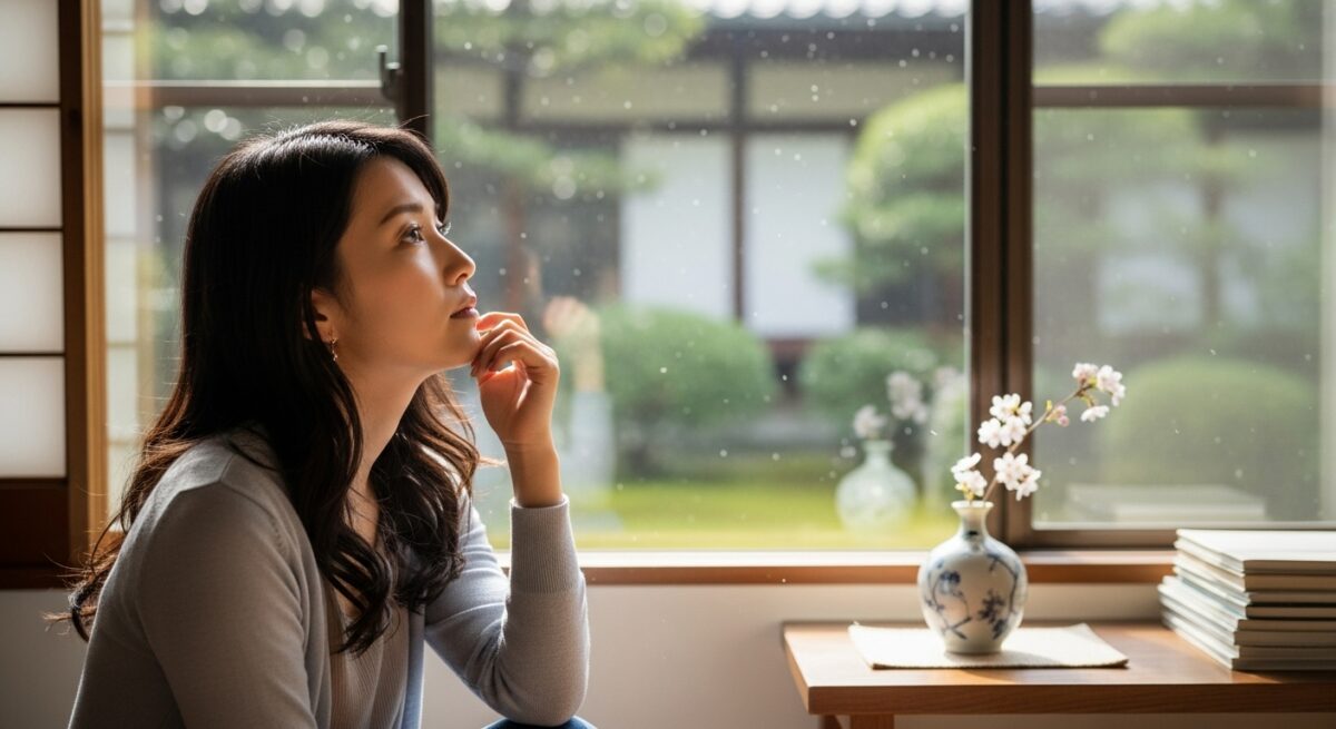 落ち着いた部屋の窓辺で、思い出に浸りながら静かに考え込む20代後半の日本人女性。