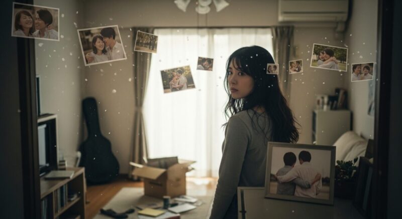 元カレとの思い出が残る部屋を振り返りながら、心の中で整理を始める日本人女性