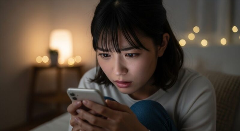 スマートフォンを手にSNSを見つめ、不安や迷いを感じる日本人女性