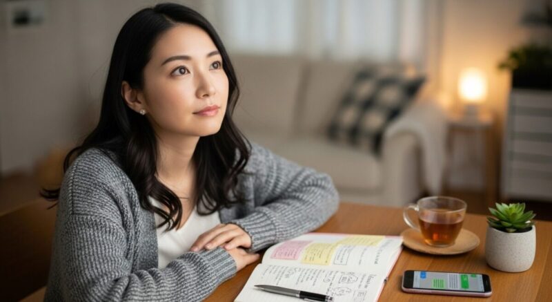 机にノートを広げ、冷静に再接触の方法を考えている日本人女性