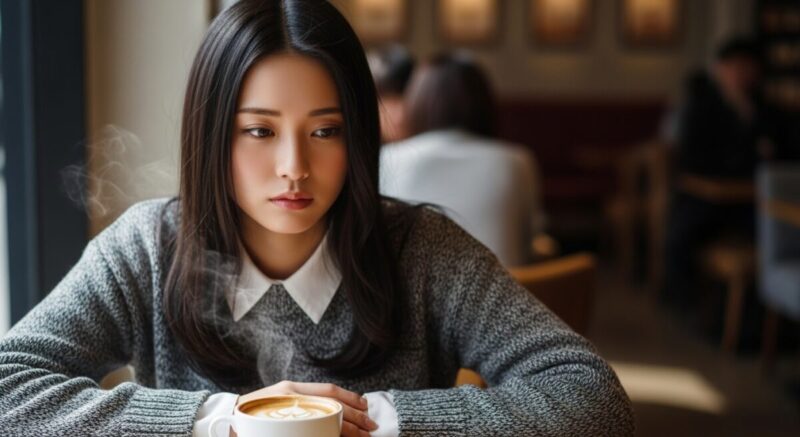 カフェでコーヒーを見つめながら、元彼との思い出を振り返るように少し遠くを見ている日本人女性。