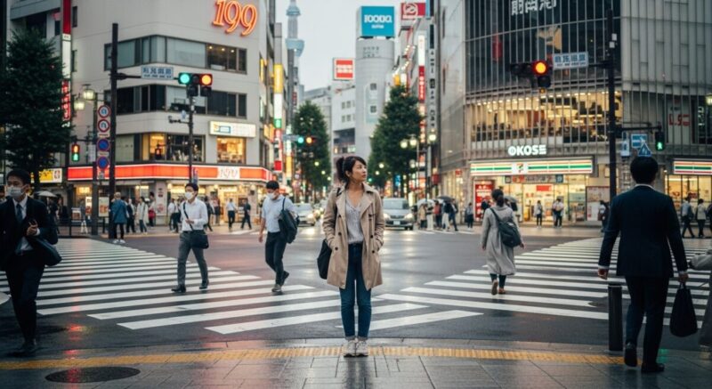 分かれ道に立ち、少し迷いながらも進む方向を考えている日本人女性。
