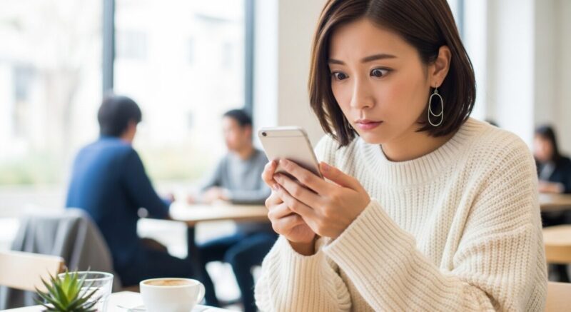 スマホを握りしめ、衝動的に送信しそうになるのをこらえる日本人女性