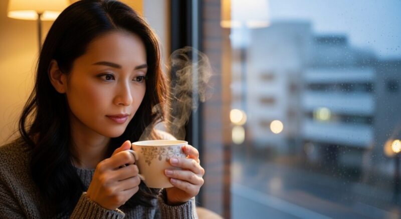 温かいハーブティーを手にしながら、誰かに相談したい気持ちで静かに考える日本人女性。