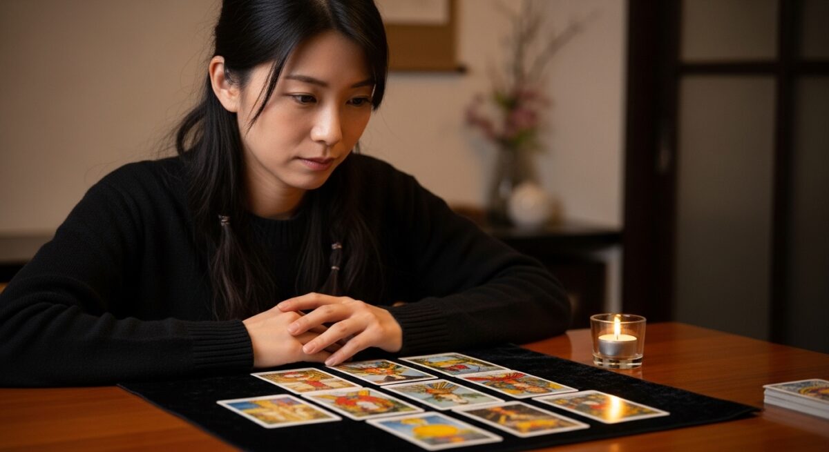 占いを通して未来を思案する日本人女性。テーブルの上にタロットカードが並び、静かに考える姿が印象的。