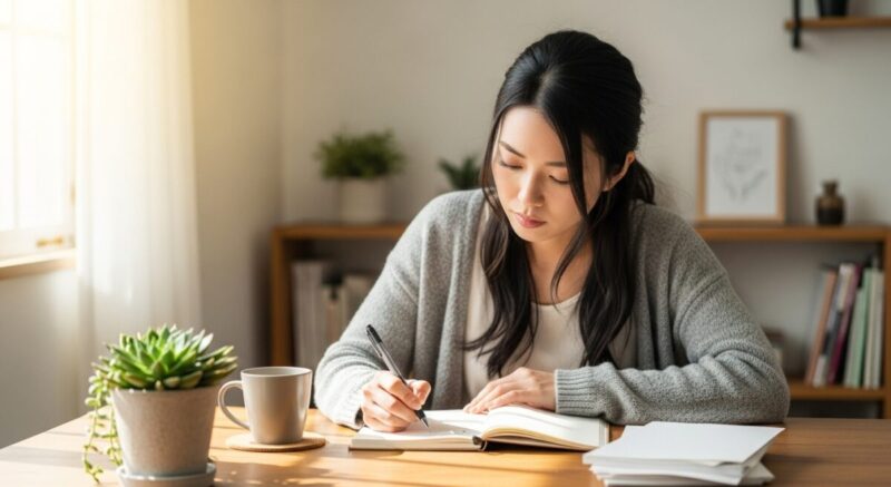 ノートに思いを書き出しながら、自分の気持ちを整理する日本人女性。