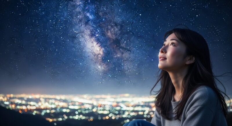 星空を見上げながら未来を考える日本人女性。