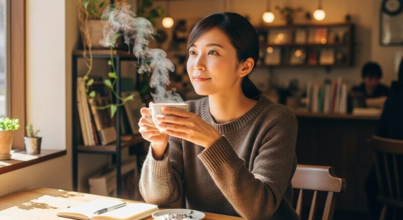カフェで温かいハーブティーを手に、落ち着いて未来を考える日本人女性。