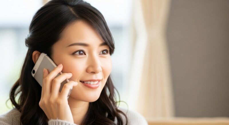 電話を耳に当て、優しく微笑みながら相談する日本人女性。