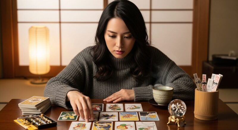 占い結果を前に悩みつつも冷静に考える日本人女性