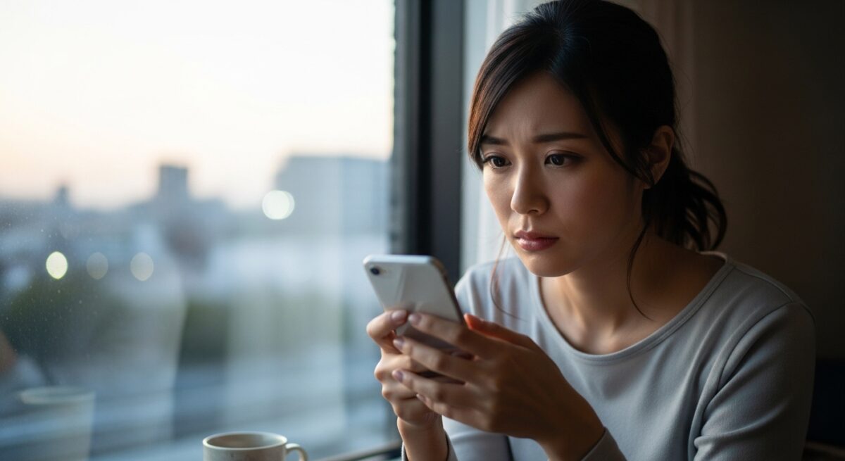 20代後半の日本人女性が、窓辺でスマートフォンを手にしながら少し不安げに物思いにふける姿。静かな光が差し込み、複雑な気持ちを抱えている様子。