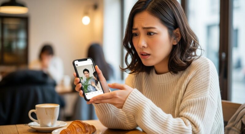 カフェでスマホを見つめる女性が、新しい彼女を隠す元彼の行動に首をかしげている様子。