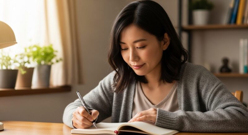 ノートを開いて自分の気持ちを書き出しながら、少し安心した表情を見せる女性。