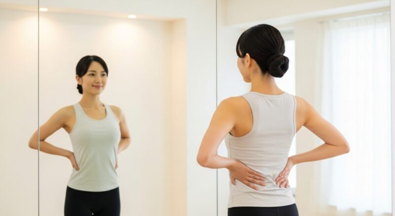 鏡の前で姿勢を整え、穏やかな笑顔を浮かべる女性。