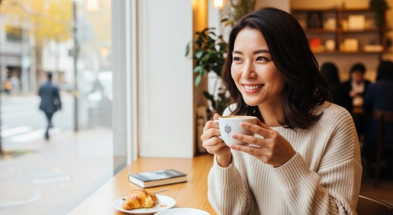 カフェの窓辺でコーヒーを片手に、嬉しそうに笑顔を見せる女性。