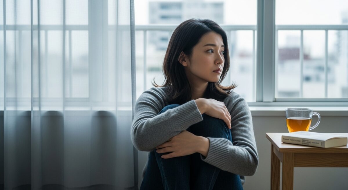 窓辺に座る20代後半の日本人女性が、元彼の新しい彼女を思い浮かべて複雑な気持ちを抱いている様子。落ち着いた色合いの室内で、静かに物思いにふける雰囲気。