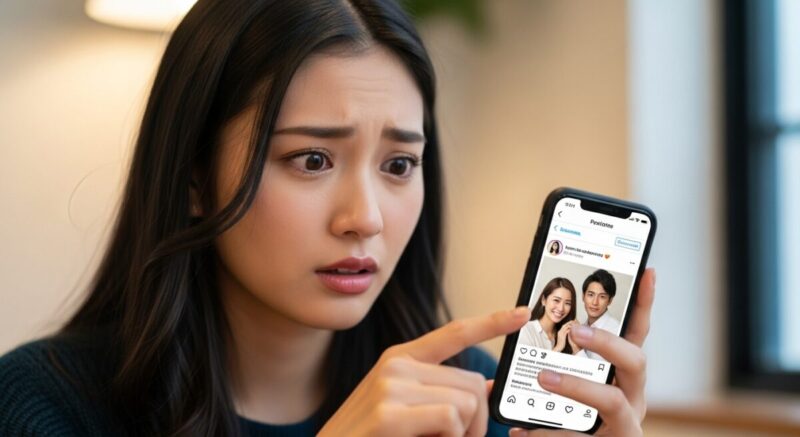 スマートフォンを手にした女性がSNSを見て、元彼の新しい彼女の写真に複雑な表情を浮かべている様子。