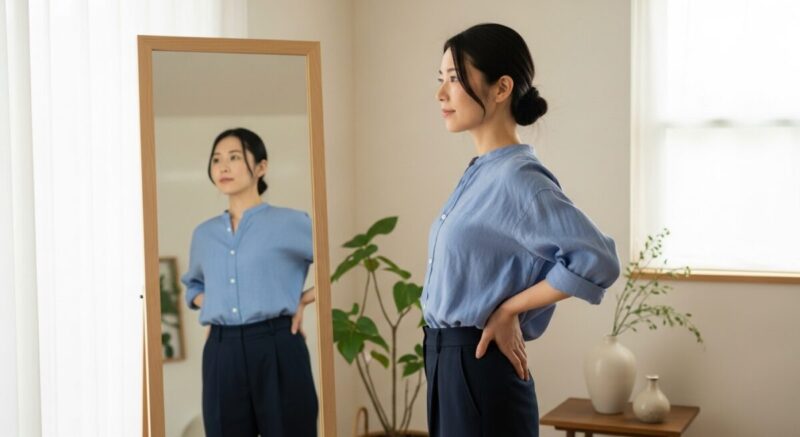 鏡の前で姿勢を整える女性が、穏やかな表情で自分らしさを大切にしている様子。