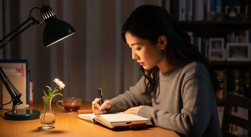 日記を開き、気持ちを静かに書き出して心を整理する女性の姿。