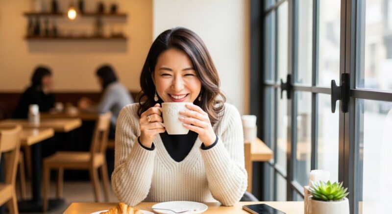 カフェで笑顔を見せながらコーヒーを飲む女性が、前向きに幸せな時間を過ごしている様子。