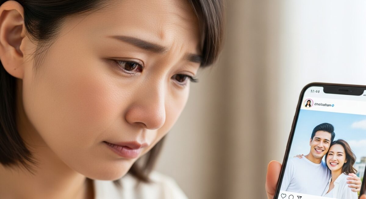 SNSで元彼の新しい彼女を見てモヤモヤしている女性の切ない表情