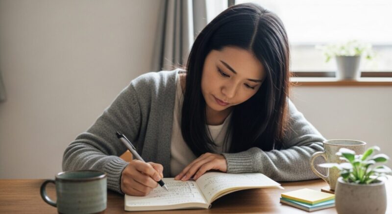 ノートに感情を書き出して整理する女性