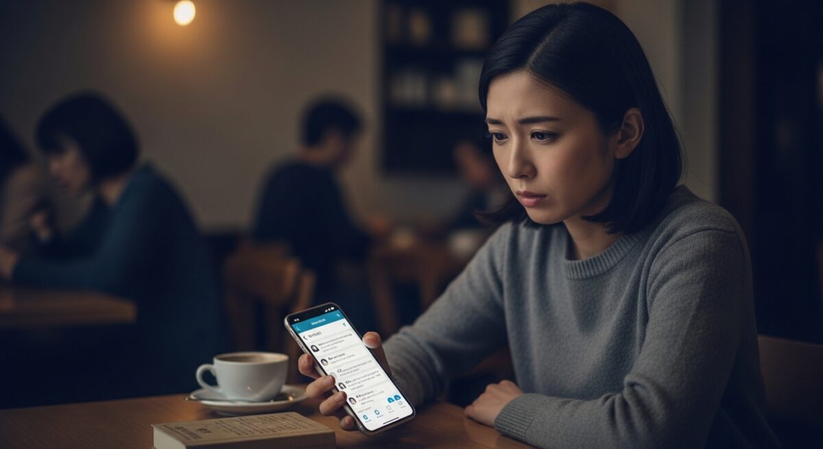 スマホを見つめながら元彼からの連絡が途絶えたことに戸惑う日本人女性。落ち着いた色合いで、大人の女性に共感される