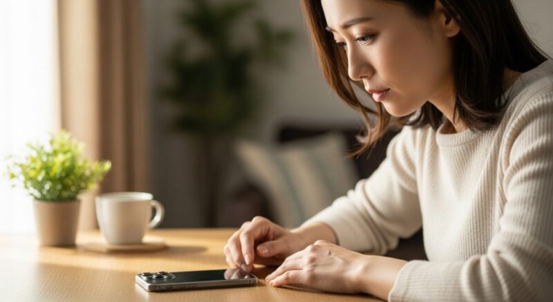 スマホを机に置き、ため息をつきながら考え込む日本人女性。連絡が途絶えた原因を思い巡らす様子。