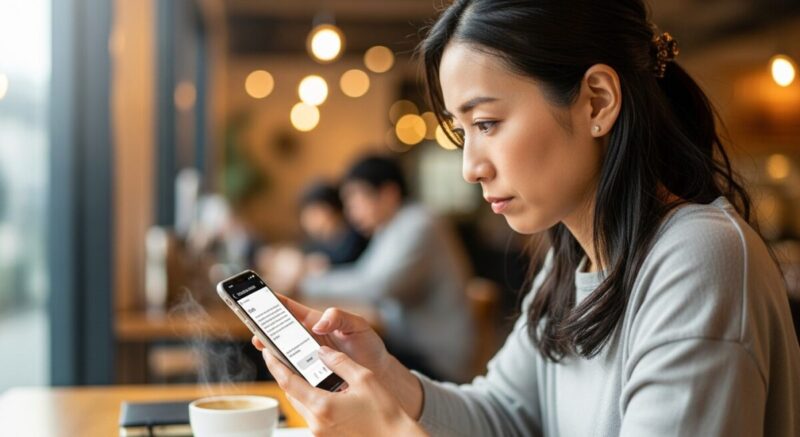 送信する前にスマホのメッセージ画面を見つめ、慎重に考える日本人女性。