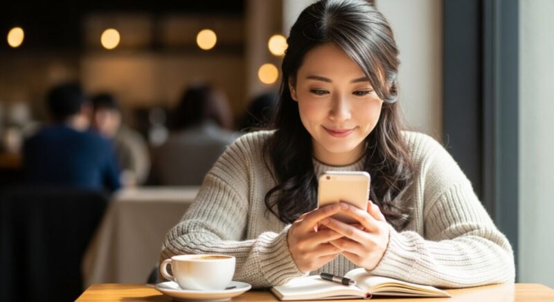 微笑みながら返信を受け取り、少し安心した表情を見せる日本人女性。