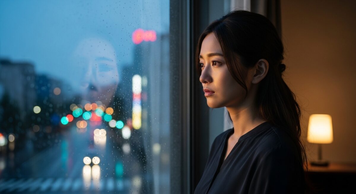 夕暮れの窓辺で切なげに外を見つめる日本人女性。心に迷いを抱えながらも凛とした雰囲気を漂わせている。