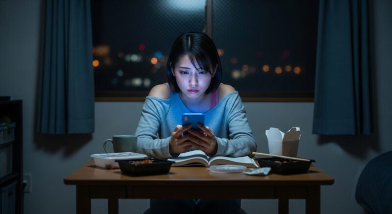 寂しさを埋めようとスマホを見つめる日本人女性。心が満たされないまま過ごしている様子