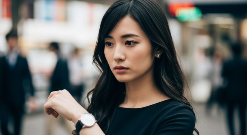 時計を見つめながら考え込む日本人女性。時間の経過と不安定な関係を象徴