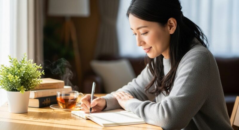ノートに自分の気持ちを書き出す日本人女性。前向きに心を整理している場面