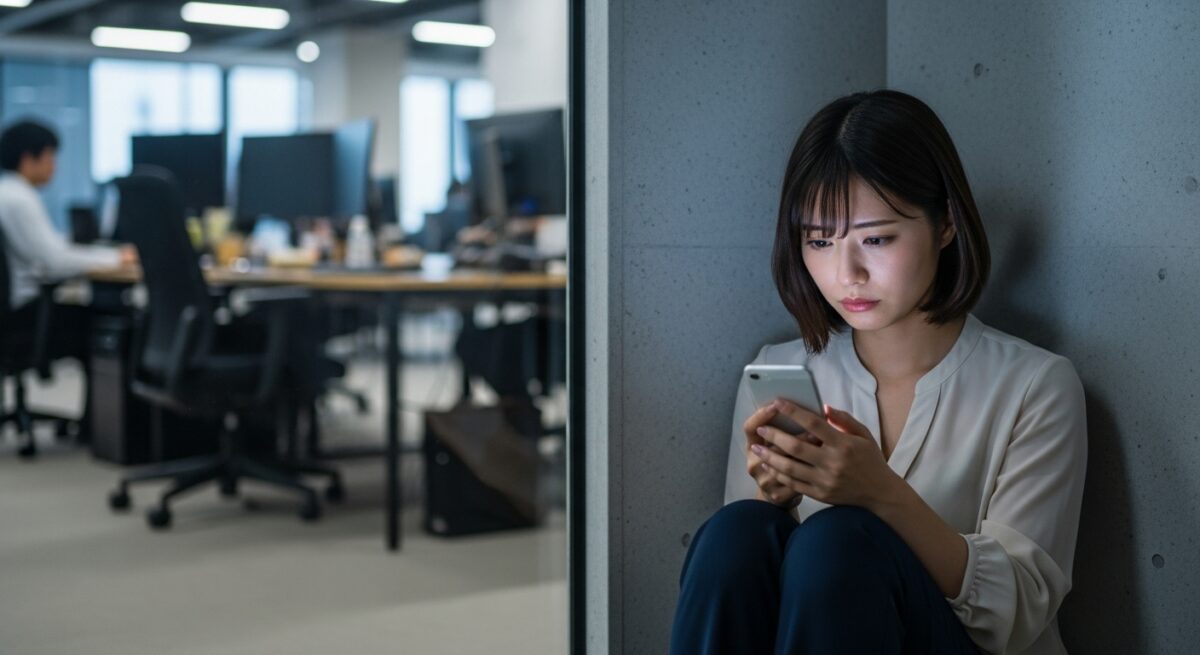 オフィスの片隅でスマホを見つめ、繋がらない現実に肩を落とす女性。