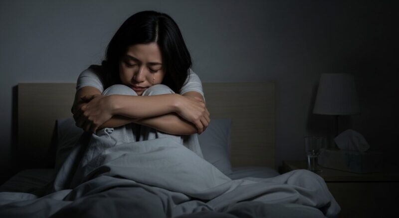 ベッドの上で膝を抱え、涙をこらえながら夜を過ごす女性。