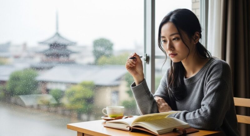 窓際でノートにペンを走らせ、自分を見つめ直す女性。