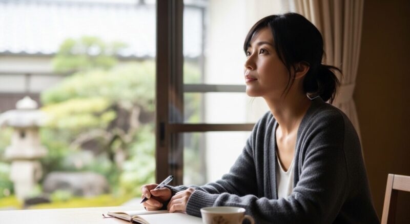 窓際でノートに文字を書きながら、穏やかに考え込む女性。