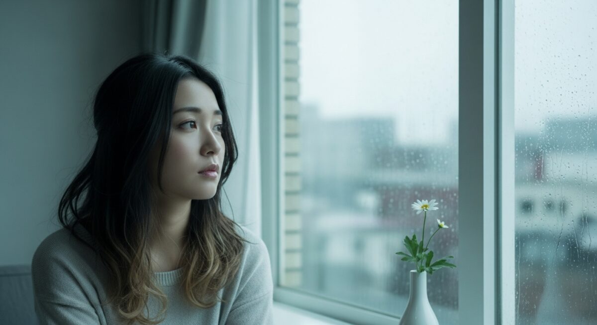 窓辺に座る20代後半の日本人女性が、少し切なげに外を眺めている様子。落ち着いた色調で、心の痛みと癒しを象徴するような雰囲気。